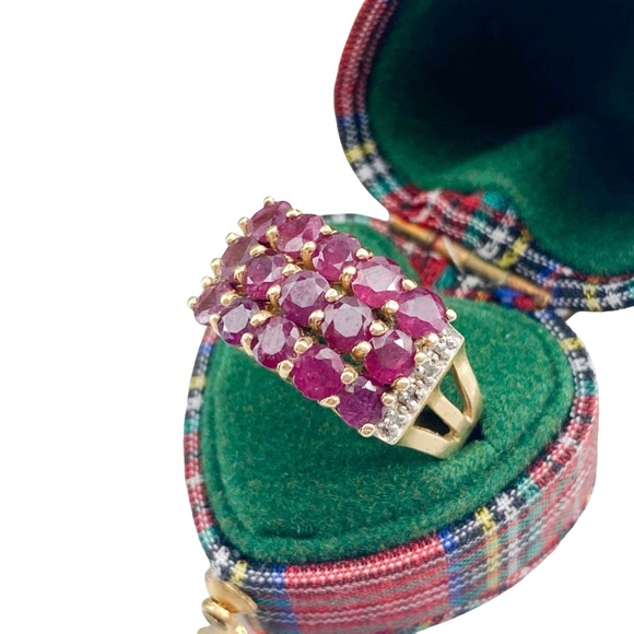 14k Solid Yellow Gold Estate Genuine Ruby Diamond Cocktail Pave Ring - Picture 3 of 9